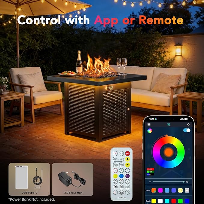 Ciays 28" Propane Fire Pit Table, 50,000 BTU CSA-Listed Gas Fire Pit with RGB Lighting, Adjustable Flame, Lava Rock, APP Control, Music-Sync Lighting, Outdoor Gas Fire Pit for Patio, Backyard & Garden