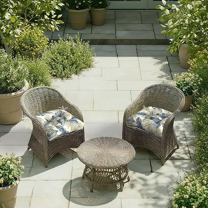 DYTXIII Set of 2 Outdoor Chair Cushions 19"x19"x4", Water Repellent Tufted Patio Seat Cushions with Ties, Thick Replacement Pads for Wicker Dining Chairs, Patio Furniture, Lush Palm Blue