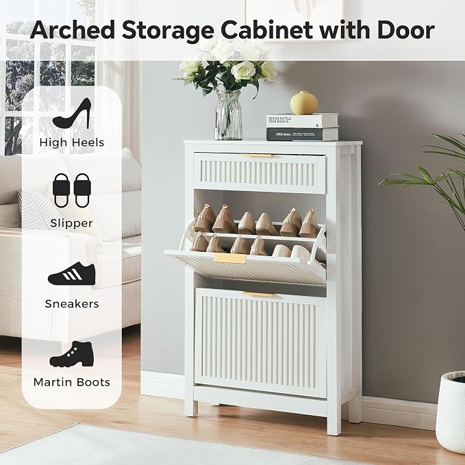2-Flip Drawer Shoe Cabinet Narrow Entryway Rack, White