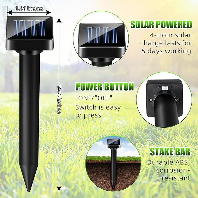 4 Pack Mole Repellent Solar Powered Gopher Repellent Outdoor Waterproof Sonic Mole Deterrent Stake Vole Repellent Spikes Rodent Repellent for Lawns Yard Garden, Getting Rid of Moles Voles Groundhog