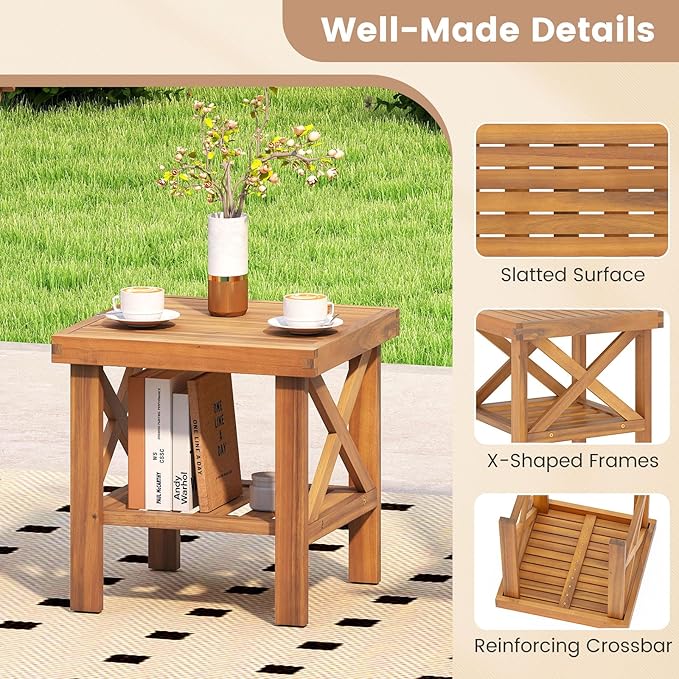 Tangkula Outdoor Side Table, 2-Tier Acacia Wood Adirondack Bistro Table with Slatted Tabletop & Storage Shelf, Small Square Patio Table for Yard, Deck, Garden, Poolside (1)