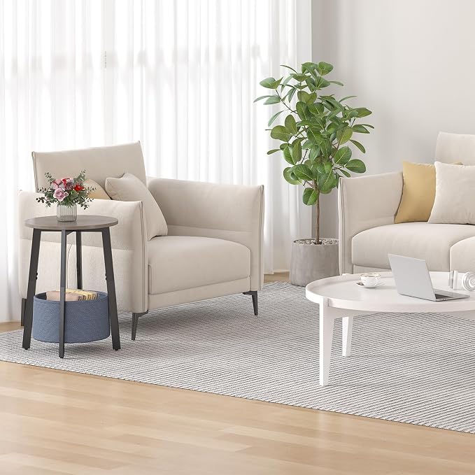 sthmec Small Round Side End Table Set of 2 with Cloth Storage Basket, Round Bedside Sofa Couch Coffee Tables for Small Places with Metal Frame, Modern Nighstands for Living Room Bedroom,Grey