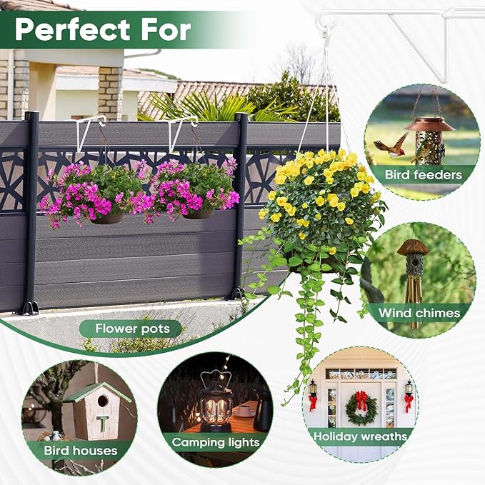 4 Pack Vinyl Fence Hooks, Heavy Duty Durable White Fence Plant Hangers for Outdoor, Over The Fence Hooks, Patio Hooks for Hanging Plants, Flower Baskets, Bird feeders, Lights, Pool Equipment