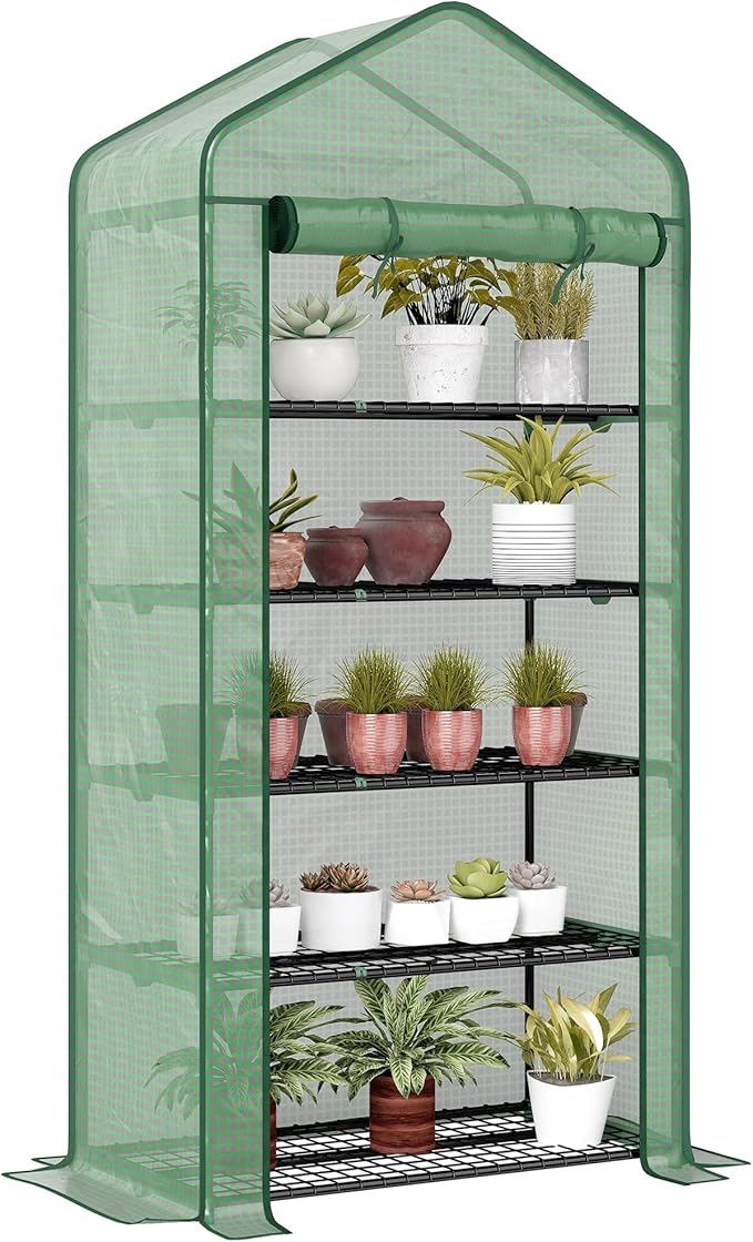 Outsunny 5 Tier Mini Greenhouse, 76" x 35.4" x 19.3" Small Portable Greenhouse with Reinforced PE Cover, Roll-Up Zippered Door, for Indoor Outdoor Garden Yard Backyard, Green