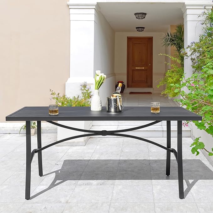 NUU GARDEN 63" Aluminum Slat Top Outdoor Patio Dining Table, 6-8 Person Rectangle Aluminum Bistro Table with 1.97" Umbrella Hole, Powder Coated Frame Dining Tables for Backyard Garden, Black
