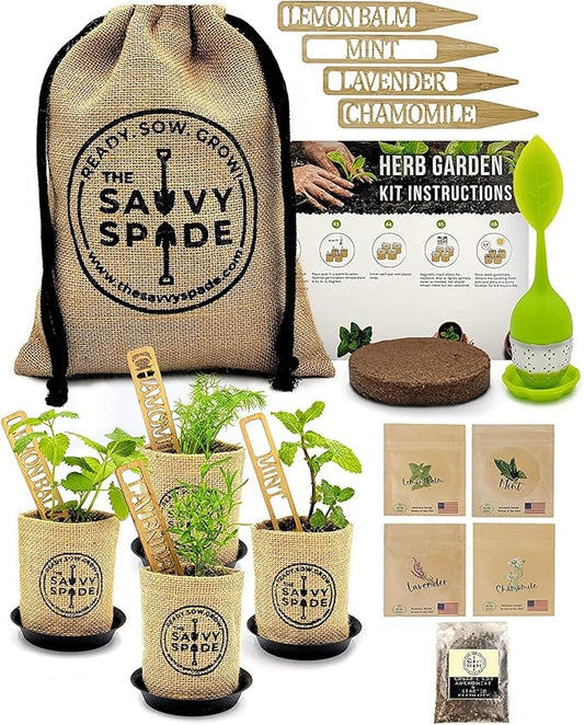 Tea Seeds Herb Garden Kit Indoor – Non-GMO Heirloom Chamomile, Lavender, Mint, Lemon Balm Herbal Tea Seeds for Planting – Tea Making Kit w/Soil Amendments, Markers, Infuser – Gardening Gifts
