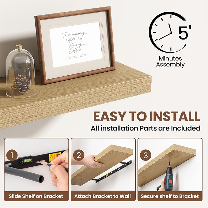Acovy 48 Inch Floating Shelves for Wall 1 Pack, 48" Wall Shelves for Books, Storage, Decor, Wall Mounted Floating Shelf with Invisible Brackets for Kitchen, Living Room, Oak