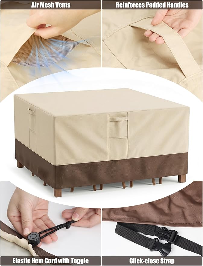 Vailge Patio Furniture Covers Square, Outdoor Furniture Covers Waterproof Windproof, 600D Oxford Outdoor Patio Table and Chair Cover(Beige&brown, Square 56"(L)x56"(W)x28"(H))