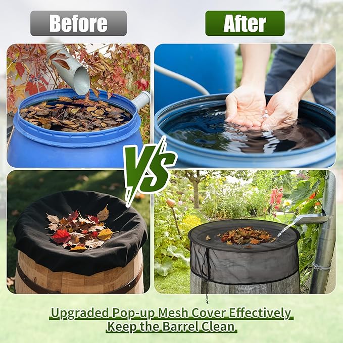3PCS Pop Up Mesh Cover for Rain Barrels, Water Rain Barrel Netting with Drawstring Water Collection Buckets Tank Protector Cover Net for Preventing Fallen Leaves and Debris, 24.8 Inch