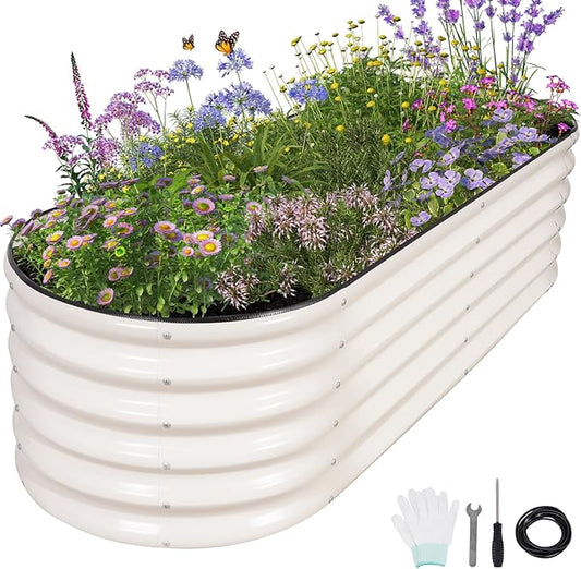 Galvanized Raised Garden Bed - 6x2x1.4FT Metal Planter Boxes Outdoor | Oval Steel Raised Bed Kit for Gardening with Protective Tape, Gloves for Vegetables, Flower, Herb (White)