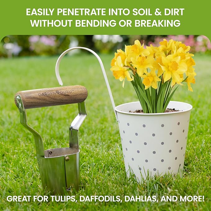Garden Guru Eco Bulb Planter - 100% Recycled Stainless Steel - Rust Resistant - FSC Certified Wood Ergonomic Handle - Depth Marker for Consistent Planting Flowers Tulips, Daffodils, Dahlias (4 Pack)
