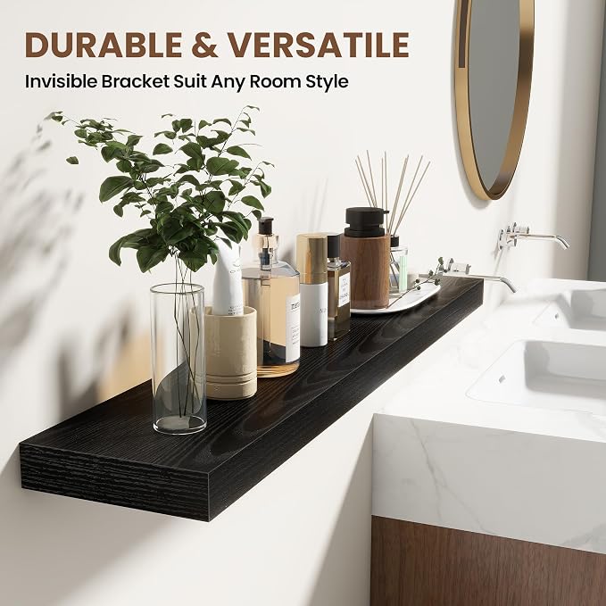 Acovy 48 Inch Floating Shelves for Wall 2 Pack, 48" Wall Shelves for Books, Storage, Decor, Wall Mounted Floating Shelf with Invisible Brackets for Kitchen, Living Room, Black