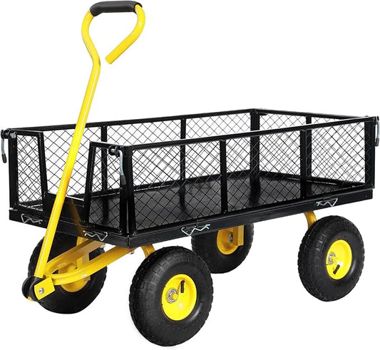 SUNNYFEEL 500 Lbs Capacity Heavy Duty Mesh Steel Garden Cart, Folding Utility Wagon with Removable Sides,10 Inch Flat Free Tires, Black & Yellow
