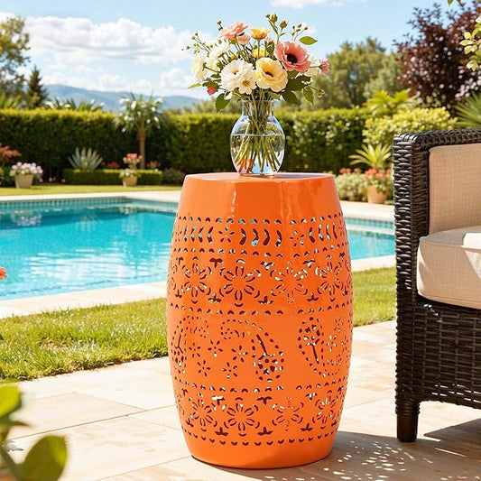 Large Outdoor Side Table, 18"H Modern Lace Cut-Out Metal End Table, Hollow Drum Coffee Table Planter Stand with No Assembly & Weather-Resistant,Decorative Garden Stool for Patio, Garden, Indoor