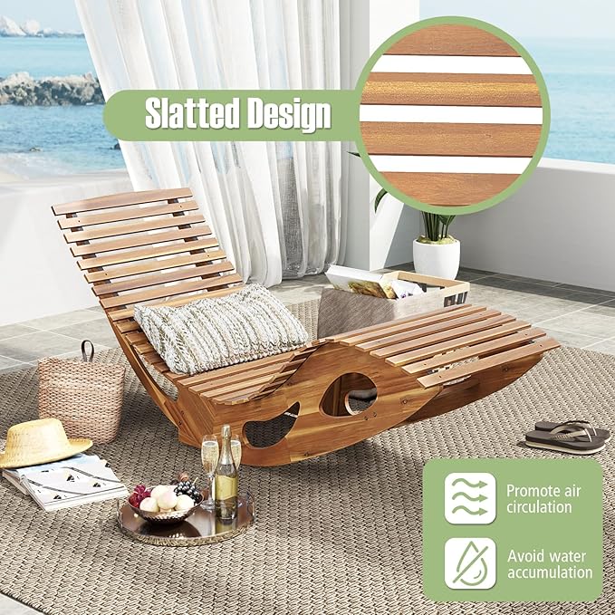 Tangkula Outdoor Chaise Lounge Chair Set of 2, Acacia Wood Rocking Sun Lounger with Slatted Backrest and Seat, Wooden Rocker Lounge Chair for Patio, Garden and Poolside