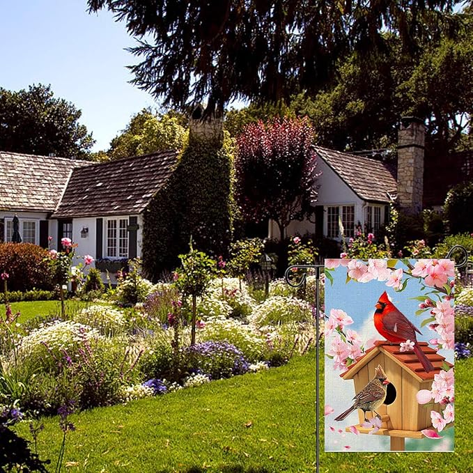 Spring Cardinal Bird Garden Flag 12x18 Inch Double Sided Burlap Outdoor Flag Decorations Pink Flowers Tree Summer Farmhouse Holiday Outside Decorations Burlap Yard Flag