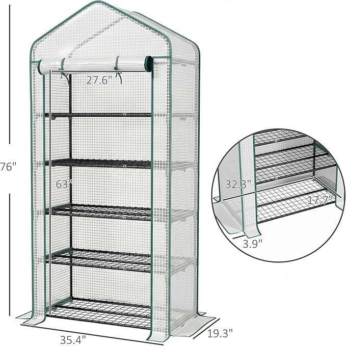 Outsunny 5 Tier Mini Greenhouse, 76" x 35.4" x 19.3" Small Portable Greenhouse with Reinforced PE Cover, Roll-Up Zippered Door, for Indoor Outdoor Garden Yard Backyard, White