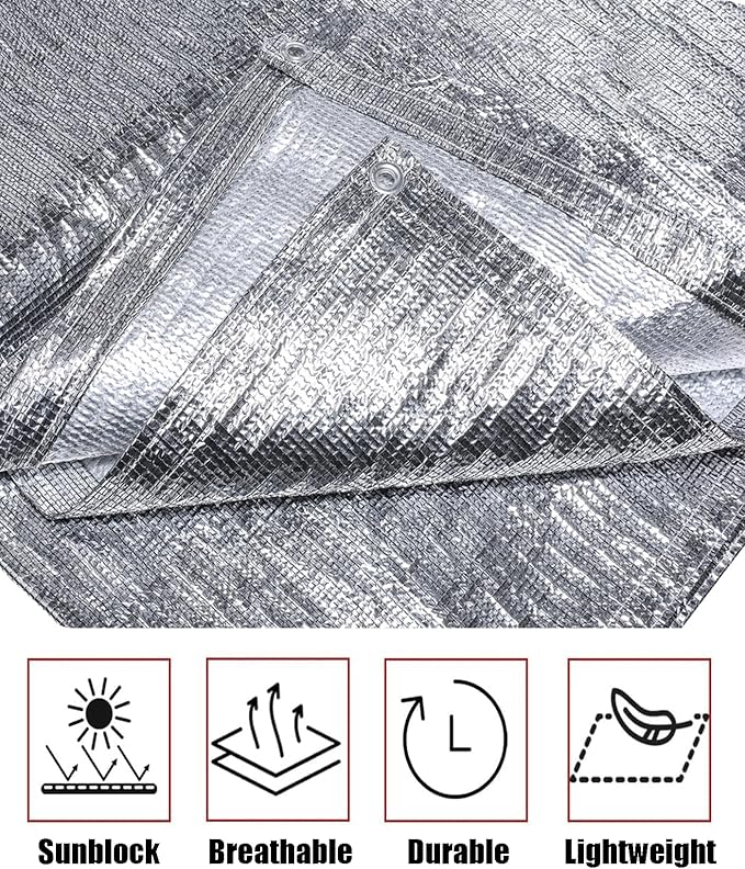 Thickened 90%-95% Aluminum Sun Shade Cloth with Grommets 20 FT x 20 FT - Shade Cover Canopy, Mesh Tarp Sun Screens - Silver Heat Reflective Tarp for Outdoor Pergola,Greenhouse,Patio,Garden,Lawn,Cars