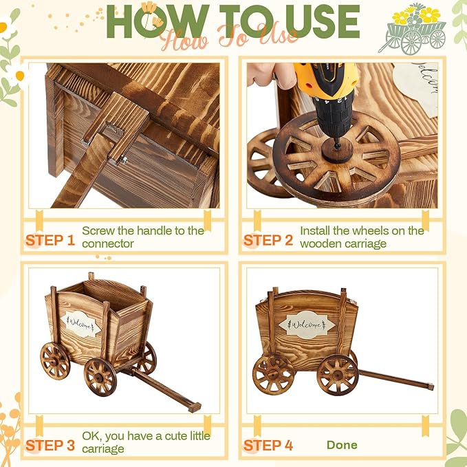 Beeveer Wooden Wagon Planter with Wheels Wagon Flower Planter Wooden Wheelbarrow Decorative for Herbs Vegetables for Indoor Outdoor Decor, Flower Cart for Patio Garden Balcony