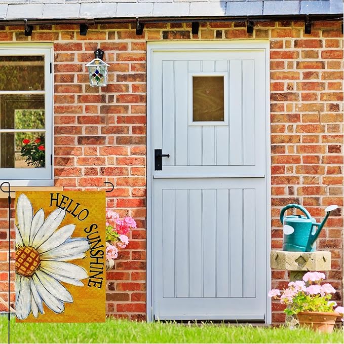 Spring Summer Garden Flags 12x18 Double Sided Outside, Hello Sunshine Daisy Floral Seasonal Decorations Vertical Burlap Yard Flag