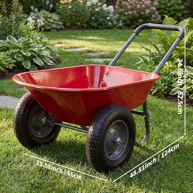 Garvee Wheelbarrow Garden Cart, Heavy Duty Home Utility, Dual-Wheel Home Garden Yard Utility Wheelbarrow Cart with Built-in Stand, (Red)