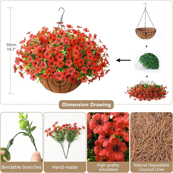 ZFProcess Artificial Faux Hanging Plants Flowers Basket Outdoor Porch Garden Spring Summer Decoration, Fake Silk Daisy in Planter Realistic UV Resistant for Outside Home Patio Balcony Yard(Red)