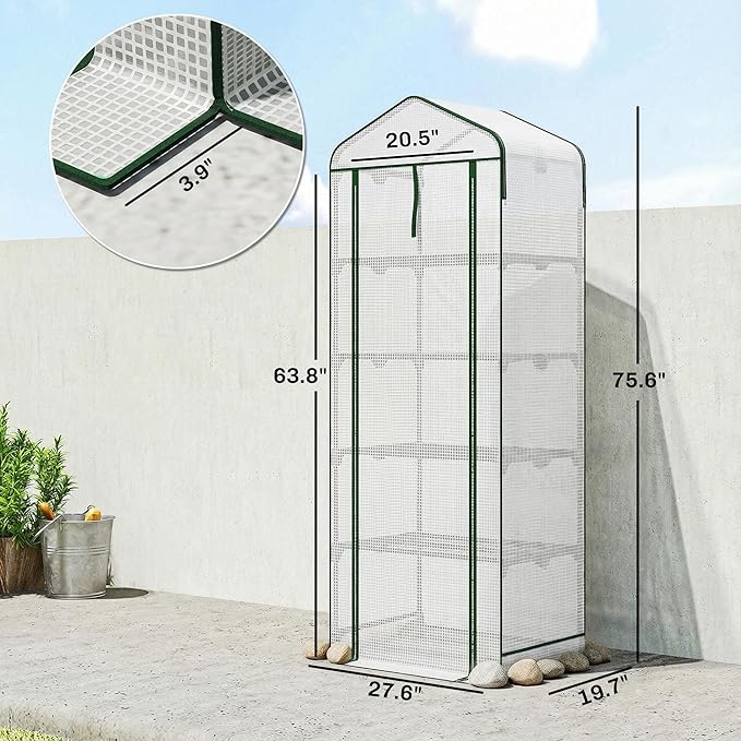 Outsunny 5 Tier Mini Greenhouse with Screen Roof, 27.6" x 19.7" x 75.6", Portable Small Greenhouse with High Strength PE Cover, Roll-Up Zipper Door for Garden Yard Backyard, White