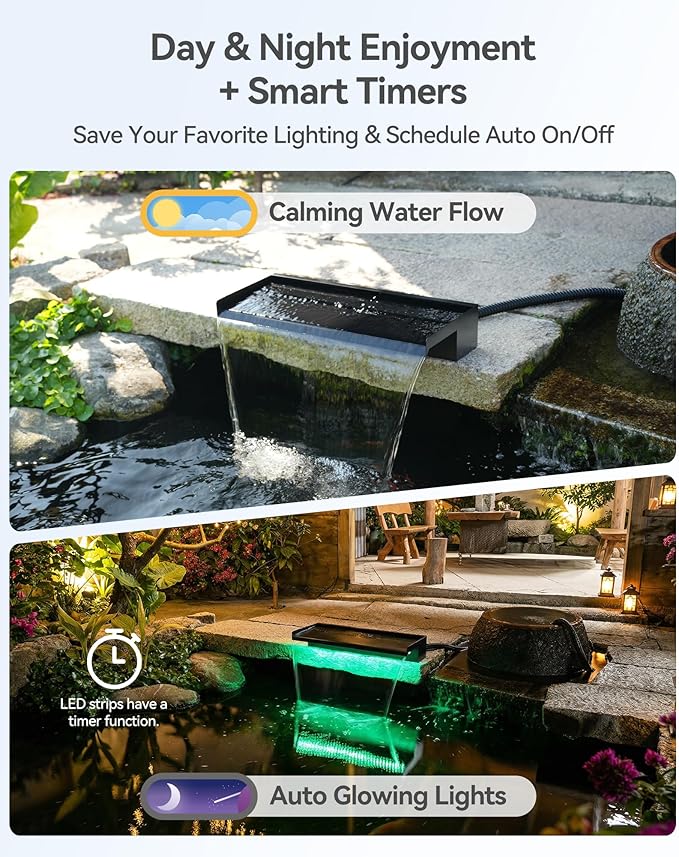 POPOSOAP Pond Waterfall Kit with Colorful LED Lights & 1200GPH Pond Pump, APP & Remote Control, Auto Timer, Pond Waterfall Spillway with 9.8FT Corrugated Tube for Pool, Garden, Patio, Backyard-P46D