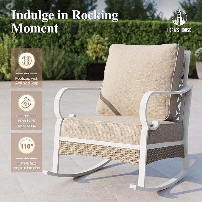 HERA'S HOUSE Outdoor Rocking Chairs Set of 2 with Cushions, High Back Patio Metal Rocker, All Weather Garden Furniture for Lawn, Backyard, Deck, Beige