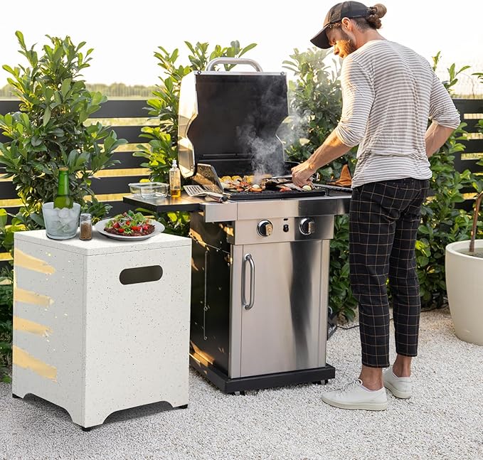 Outvita Outdoor Propane Tank Cover Table, 16in Propane Tank Storage Box with Carry Handle, Powder-Coated Steel, Multi - Use as Side Table for Patio, Garden & Living Room,16*16*21inch, marble color