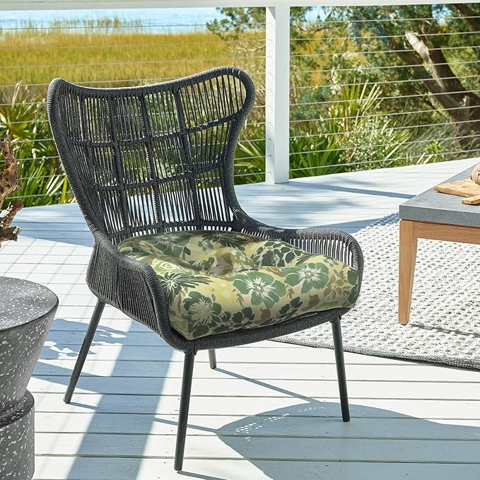 DYTXIII Set of 2 Outdoor Chair Cushions 19"x19"x4", Water Repellent Tufted Patio Seat Cushions with Ties, Thick Replacement Pads for Wicker Dining Chairs, Patio Furniture, Green Rose
