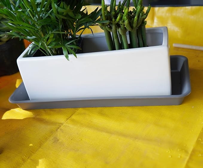 VUWEZ 2 Pack of Plastic Plant Tray Saucer Rectangular 14 inch, Plant Trays Saucers for Indoors Outdoor, Plant Water Drip Tray for Flower Pot Planter, Windowsill Plant Tray (6.8 X 14.5'', Gray)