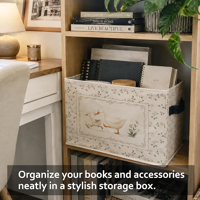 Rose Floral Goose Storage Bins Box, Cottagecore Pink Flower Farm Goose Collapsible Storage Basket Clothes Toys Books Organizer for Playroom Bedroom Laundry Room Home Decor