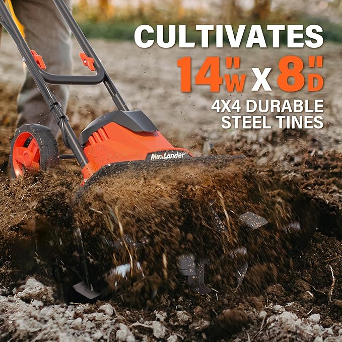 MAXLANDER Electric Garden Tiller Cultivator, 14 Inch 12 Amp Corded Tiller for Gardening with Foldable Handle, 4 Steel Tines, Garden Rototiller with Wheels for Lawn Yard Soil Cultivation