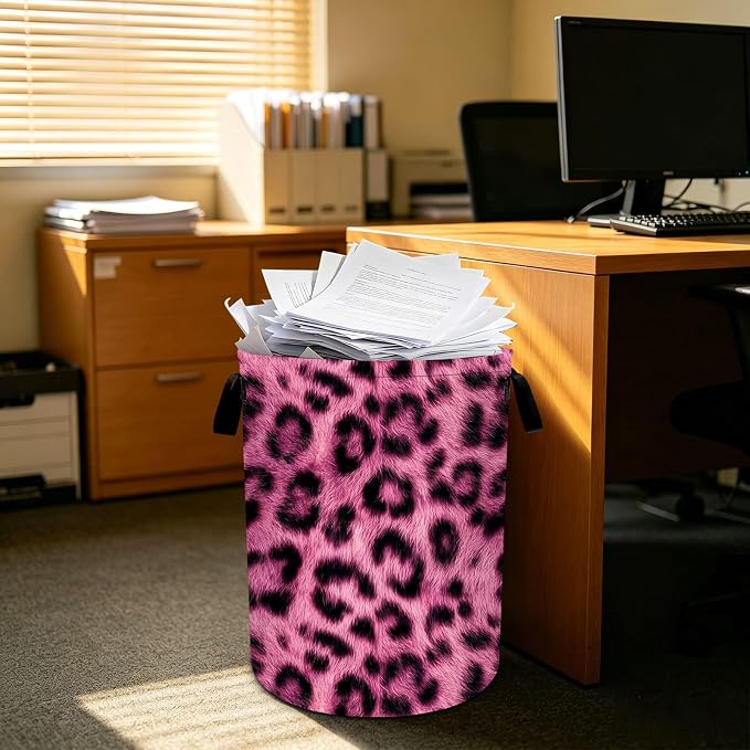 Pink Leopard Laundry Basket Collapsible Oxford Laundry Hamper Clothes Storage Bin with Handles for Bedroom Bathroom Laundry Room 19.6 x 15.7 Inches