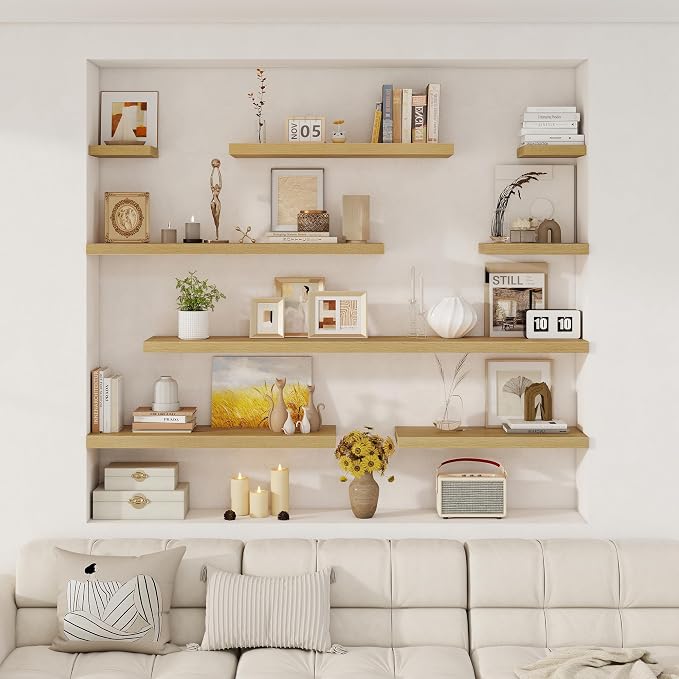 Fun Memories 12 Inch Deep Floating Shelves for Wall, 20 Inch Long Wall Mounted Storage Shelf with Invisible Brackets, 3 Pack Hanging Wood Shelf for Farmhouse, Bedroom, Kitchen, Living Room, Oak