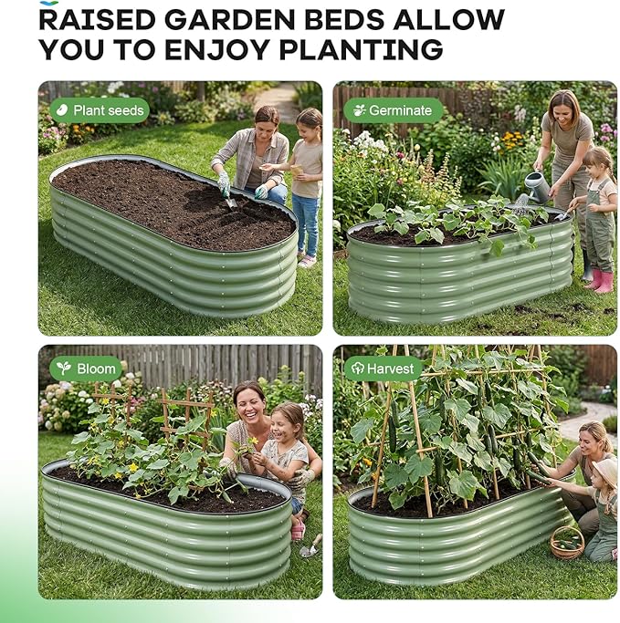 Galvanized Raised Garden Beds Outdoor, 6x3x1.4ft Oval Metal Raised Beds for Gardening, Rust-Resistant Garden Planter Box for Planting Vegetables, Flowers, Fruits in Lawn(Olive Green, 2 Packs)
