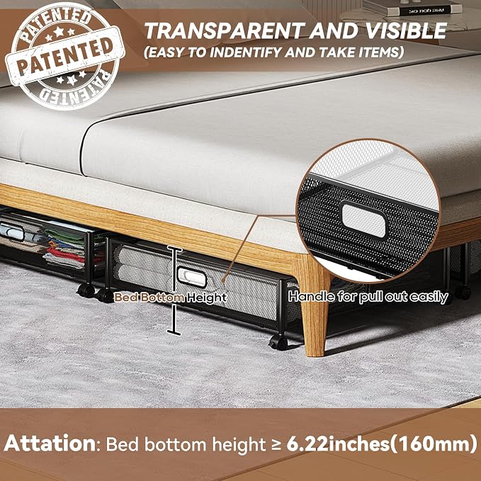 PHINOX Under Bed Storage with Wheels & Handle,Metal,Large,4 Pack,Black