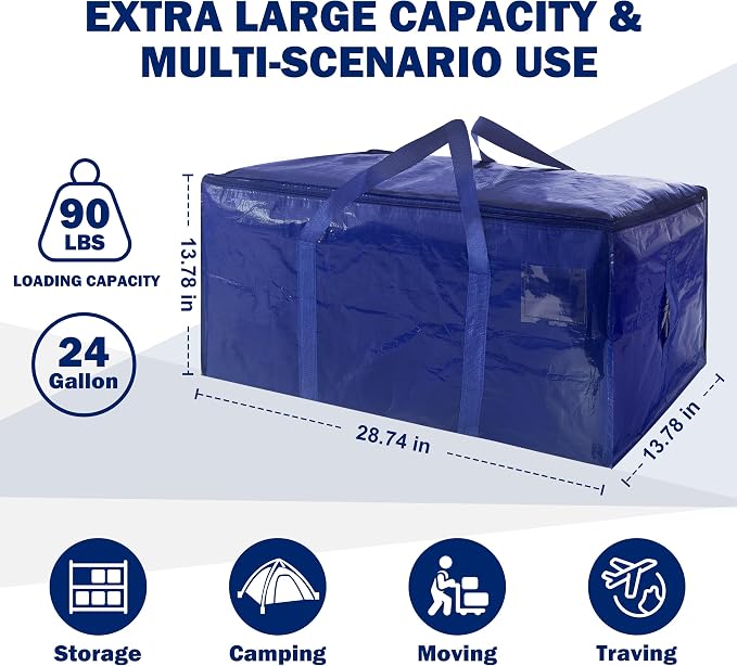 8 Pack Extra Heavy Duty Large Moving Bags with Strong Zipper & Carrying Handles, Sturdy Clothes Storage Bags Totes Bins, Packing Bag Move Boxes College Moving Supplies, Dark Blue - 24 gal