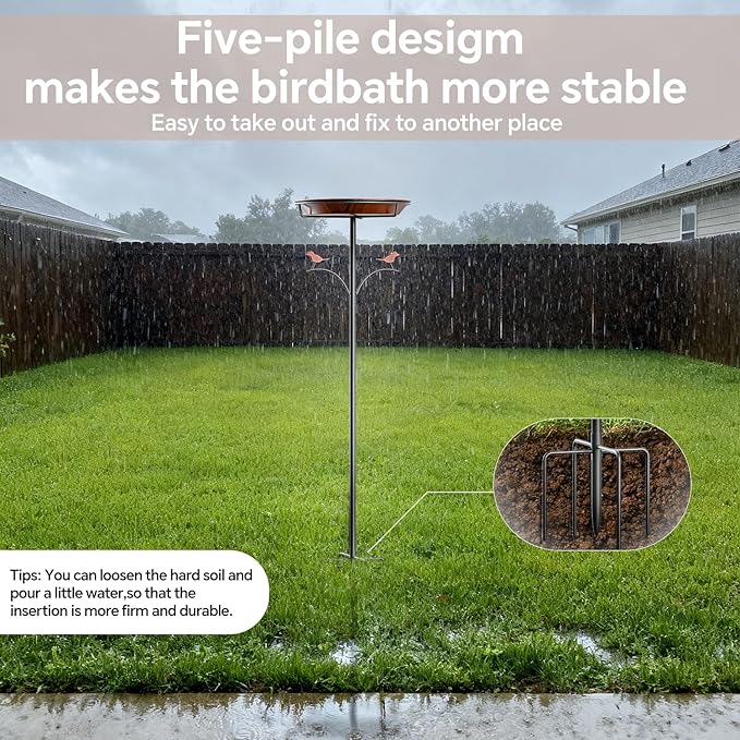 Metal Bird Bath for Outside, 35in Vintage Bird Bath Bowl, Removable 12in Dia Bird Bath Bowl with 5 Prong Stake, Easy to Clean Bird Bath for Garden Yard Lawn Decor(Antique Bronze)