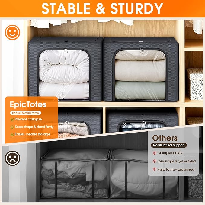 6 Pack Clothes Storage Bins with Metal Frame,40L Storage Bags Fabric Box Organizer with Clear Window,Zippers,Sturdy Handles(6 Pcs,Light Grey,40L)