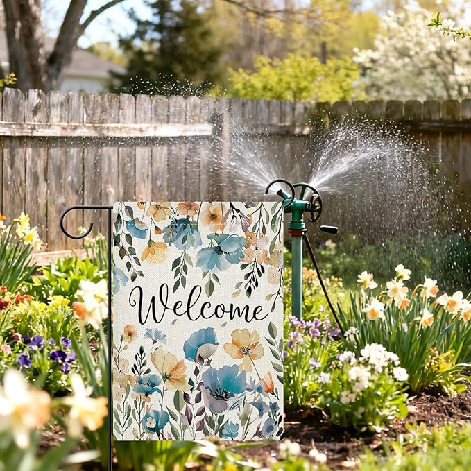 Dyrenson Welcome Spring Summer Floral Theme Decorative Garden Flag, Watercolor Poppy Flower Botanical Yard Outside Home Decoration, Seasonal Burlap Outdoor Small Decor Double Sided 12 x 18