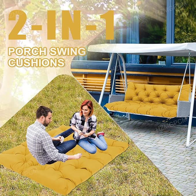 Premium 5" Thick Waterproof Outdoor Swing Cushions Sturdy Durable 2 Seat Replacement Porch Swing Cushions with Backrest&Ties Bench Cushion for Outdoor Furniture Backyard Patio (Yellow)