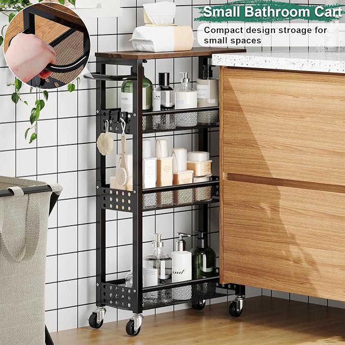 Laundry Room Slim Rolling Cart with Wheels for Between Washer and Dryer Gap | Utility Slim Storage Cart with Table Top, Small Laundry Organizers and Storage Shelves, Thin Shelf for Narrow Spaces, 4 Tier