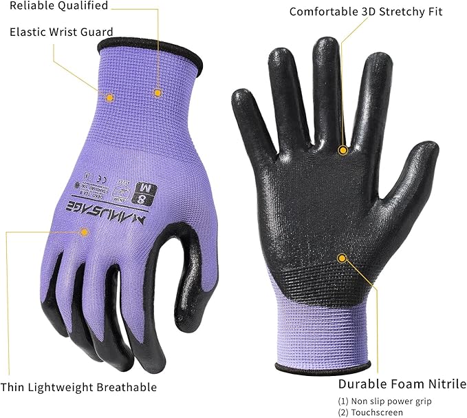 MANUSAGE Safety Work Gloves Nitrile For Men and Women, with Touchscreen Fingers, Men's Work Gloves with Grip, Mechanics Gloves (Size XXL, Purple, 12-pairs)