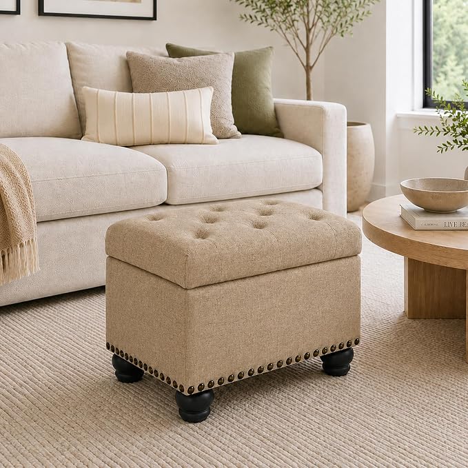 Convenience Concepts Designs4Comfort 5th Avenue Storage Ottoman 24" - Contemporary Foot Stool and Seat with Hinged Lid for Living Room, Dining Room, Office, Den, Tan Fabric