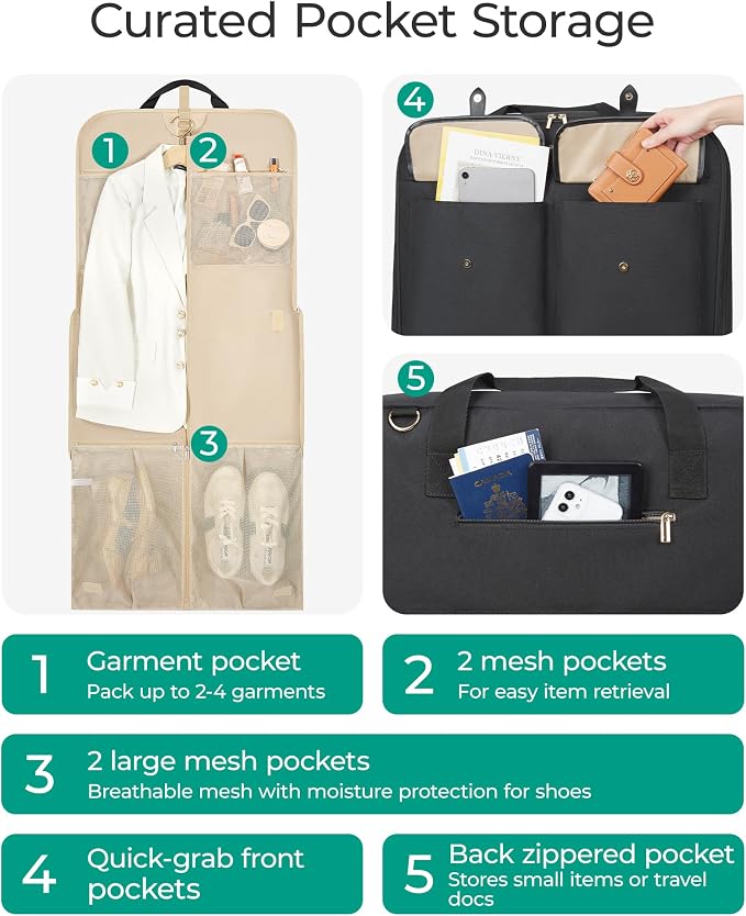BAGSMART Large Garment Bags for Travel, Carry on Garment Bags for Hanging Clothes, Travel Suit Bag for Shirts Dresses Coats, Black