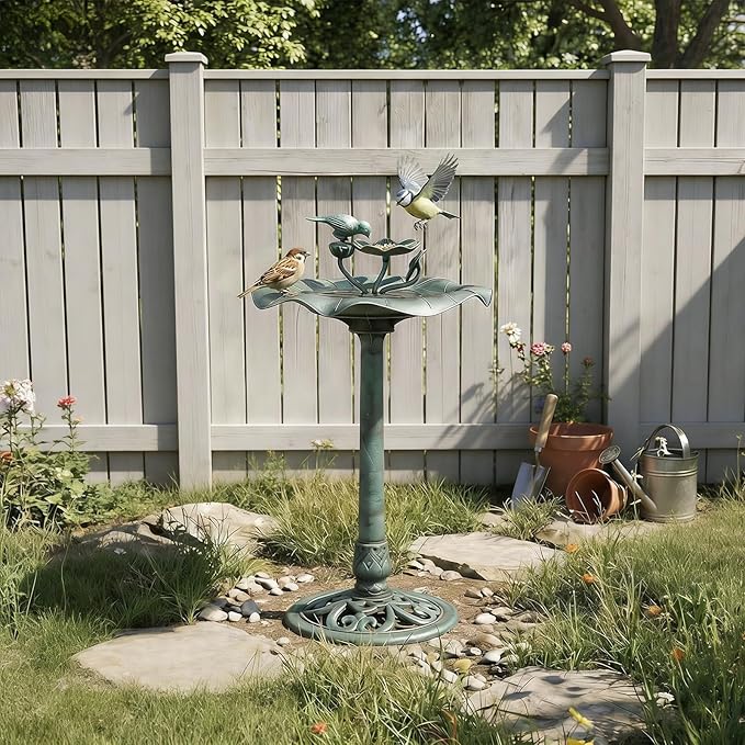 Magshion 35" Outdoor Bird Bath and Feeder for Outside, Pedestal Birdbath with Vintage Lotus Design, Durable Polypropylene Construction, Stunning Garden Accent for Lawn, Backyard & Patio, Green