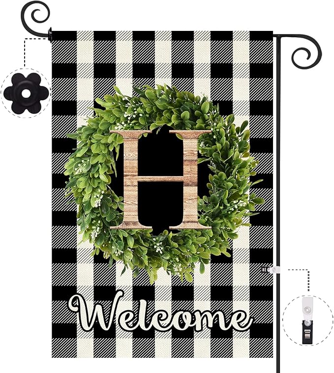 Baccessor Monogram Letter H Garden Flag 12.5 x 18 Inch, Buffalo Plaid Family Last Name Initial Boxwood Wreath Welcome Vertical Double Sided Small Flags for Outdoor Outside Decoration