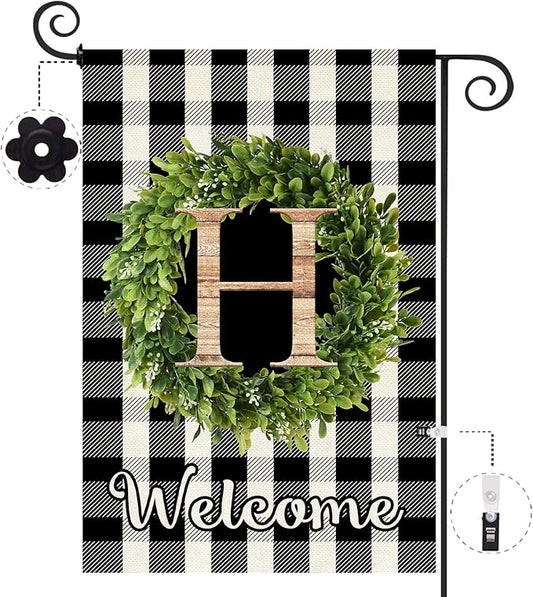 Baccessor Monogram Letter H Garden Flag 12.5 x 18 Inch, Buffalo Plaid Family Last Name Initial Boxwood Wreath Welcome Vertical Double Sided Small Flags for Outdoor Outside Decoration